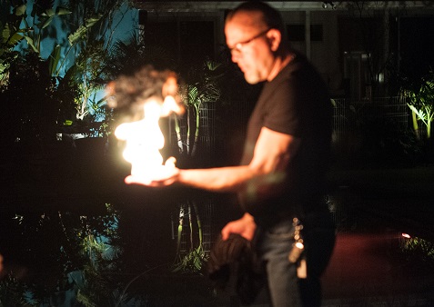 Officer Wes holds fire bubbles.  Photo by Scott B. Smith